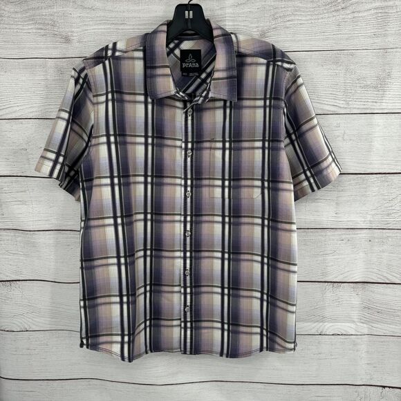 prAna Men's Plaid Short Sleeve Button Down Shirt Casual Purple Gray Gradient Med - Picture 1 of 8